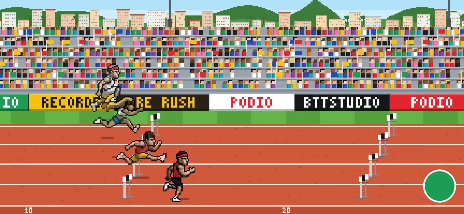 Atletas saltando as barreiras numa pista de pixel art